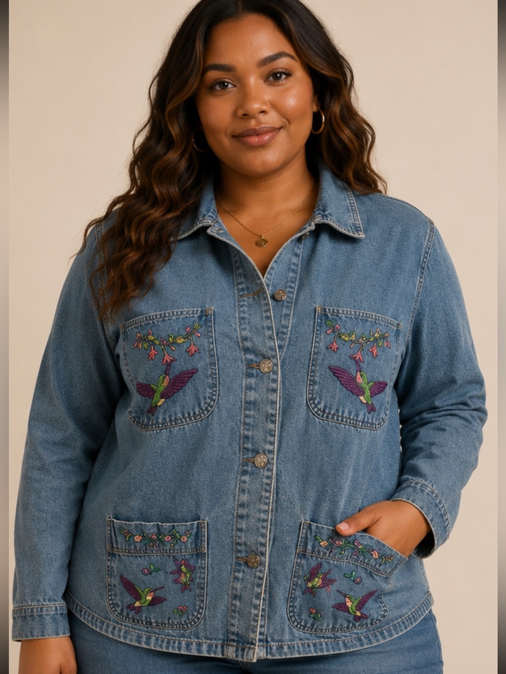 Casey Coleman Denim Jacket with Hummingbird Embroidery